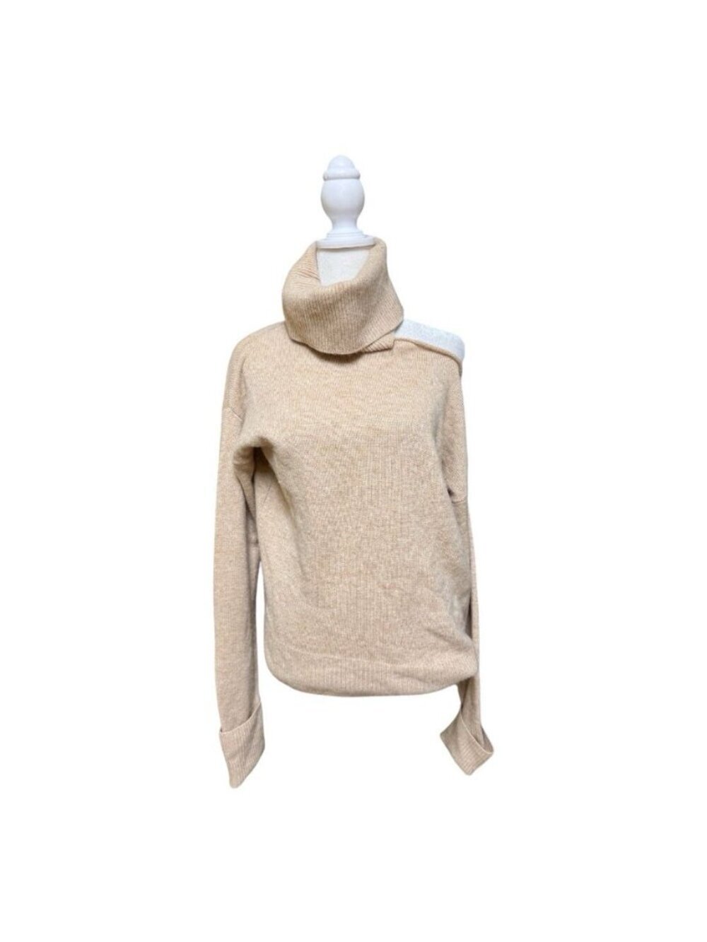 Paige One Shoulder Cutout Turtleneck Sweater Wool Blend Beige Size S